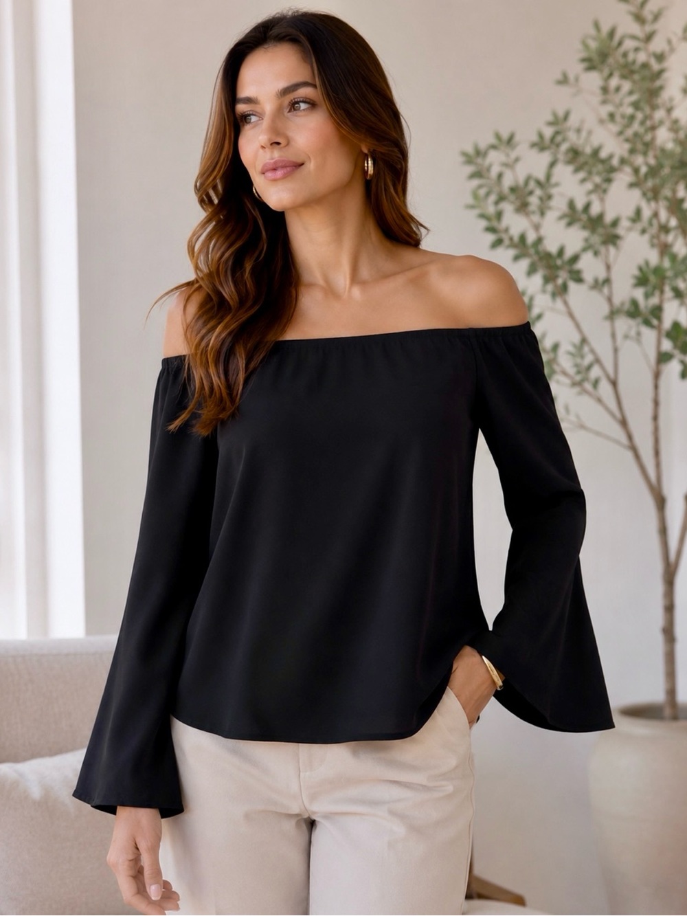 Zara. Size S. Black Off-the-Shoulder Flared Sleeve Top
